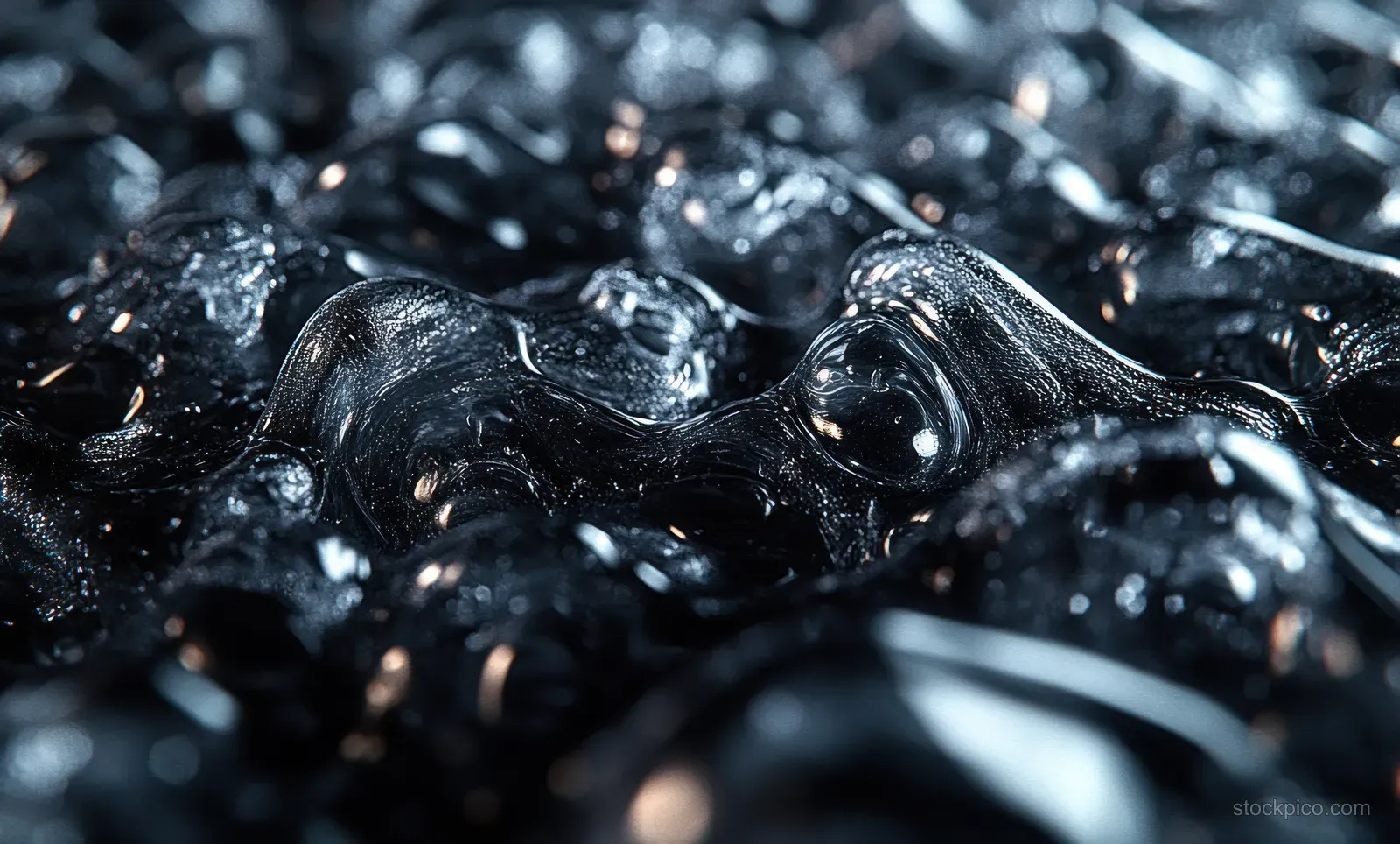 Black bubble wrap macro close-up with glossy highlights, reflections, and deep shadows across crumpled bubbles.