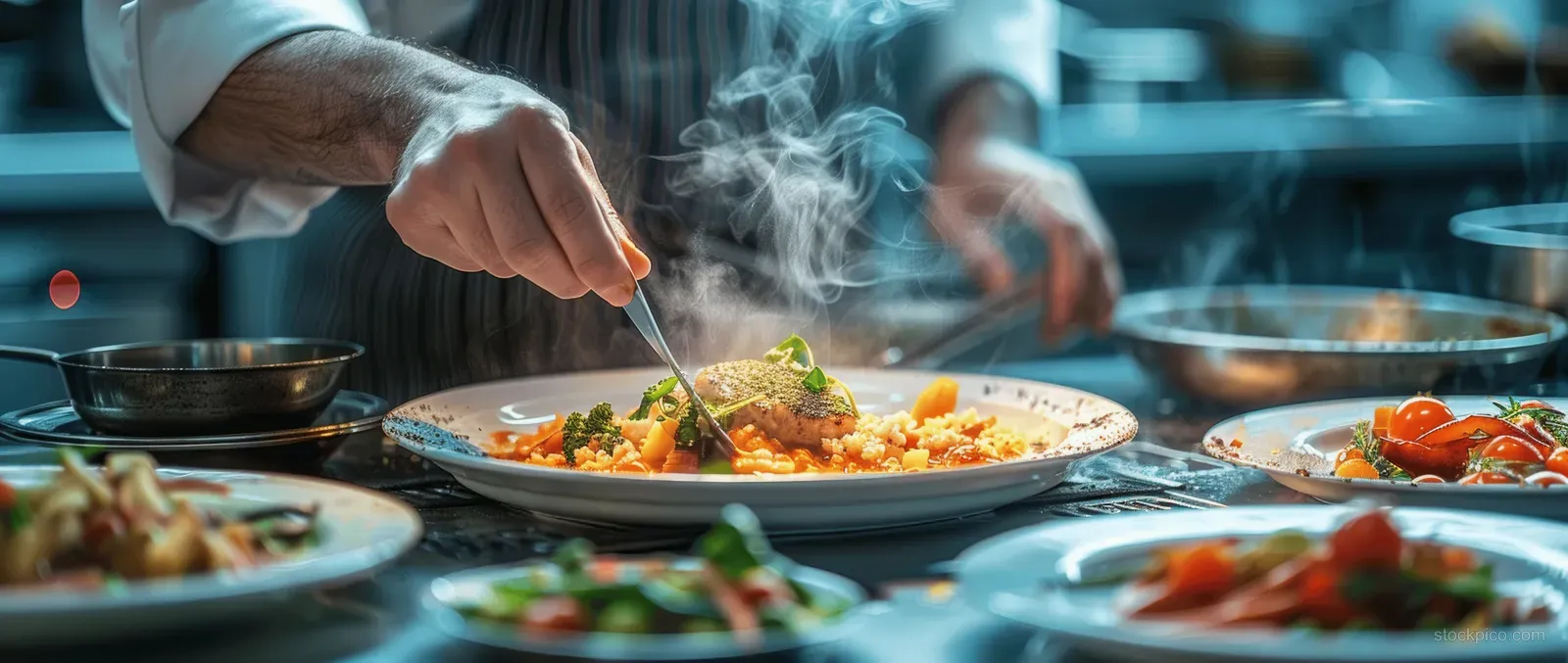 Chef hand plates a gourmet entree in an upscale kitchen as steam rises and natural light illuminates the dish.