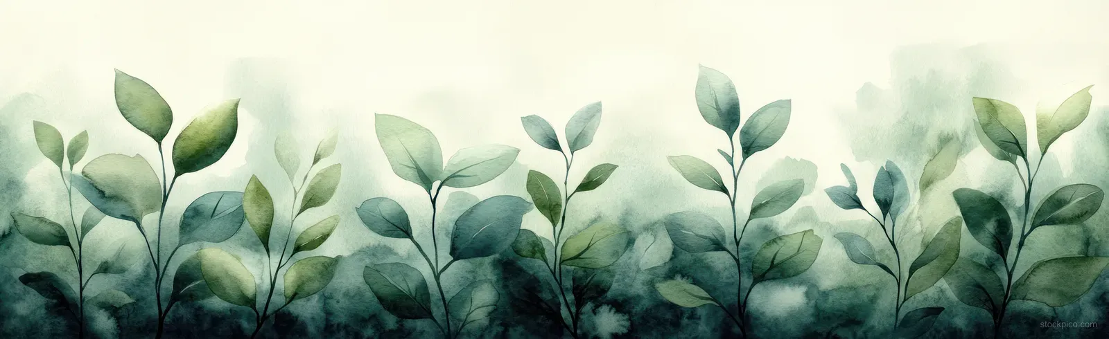 Layered watercolor green leaves and twigs form a botanical border on a misty pale background.