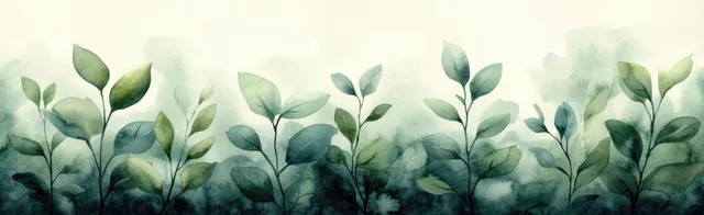 Watercolor green leaves and twigs in a layered floral band with soft mist background