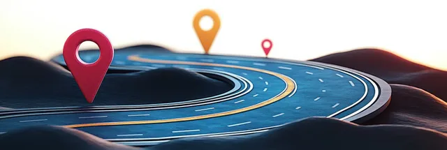 Colorful location pins sit above a winding blue route line on a top-down road map illustration.