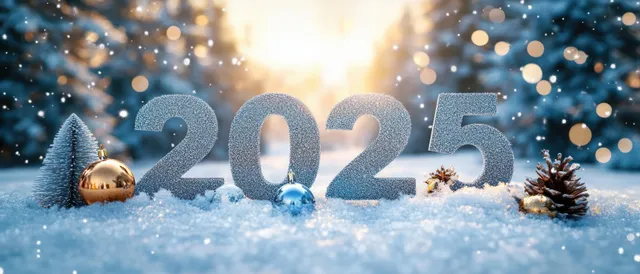 Glowing 2025 numerals on snowy ground with pine trees, ornaments, and warm light bokeh behind.