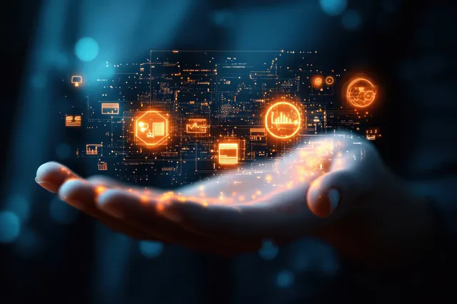 A hand extends forward with glowing service icons hovering above a blue digital network map.