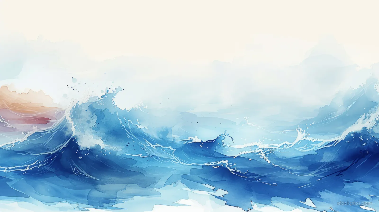 Blue watercolor ocean waves with white foam roll beneath a soft misty sky.