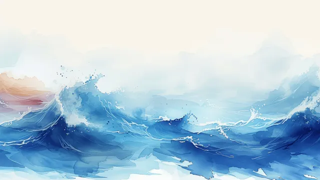 Olas oceánicas azules en acuarela, con espuma blanca, avanzan bajo un cielo suavemente brumoso.