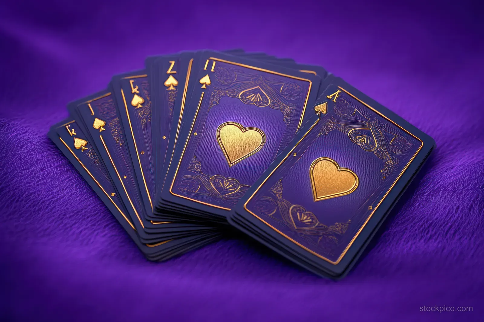 Purple playing cards with gold heart symbols are fanned on a rich purple velvet background.
