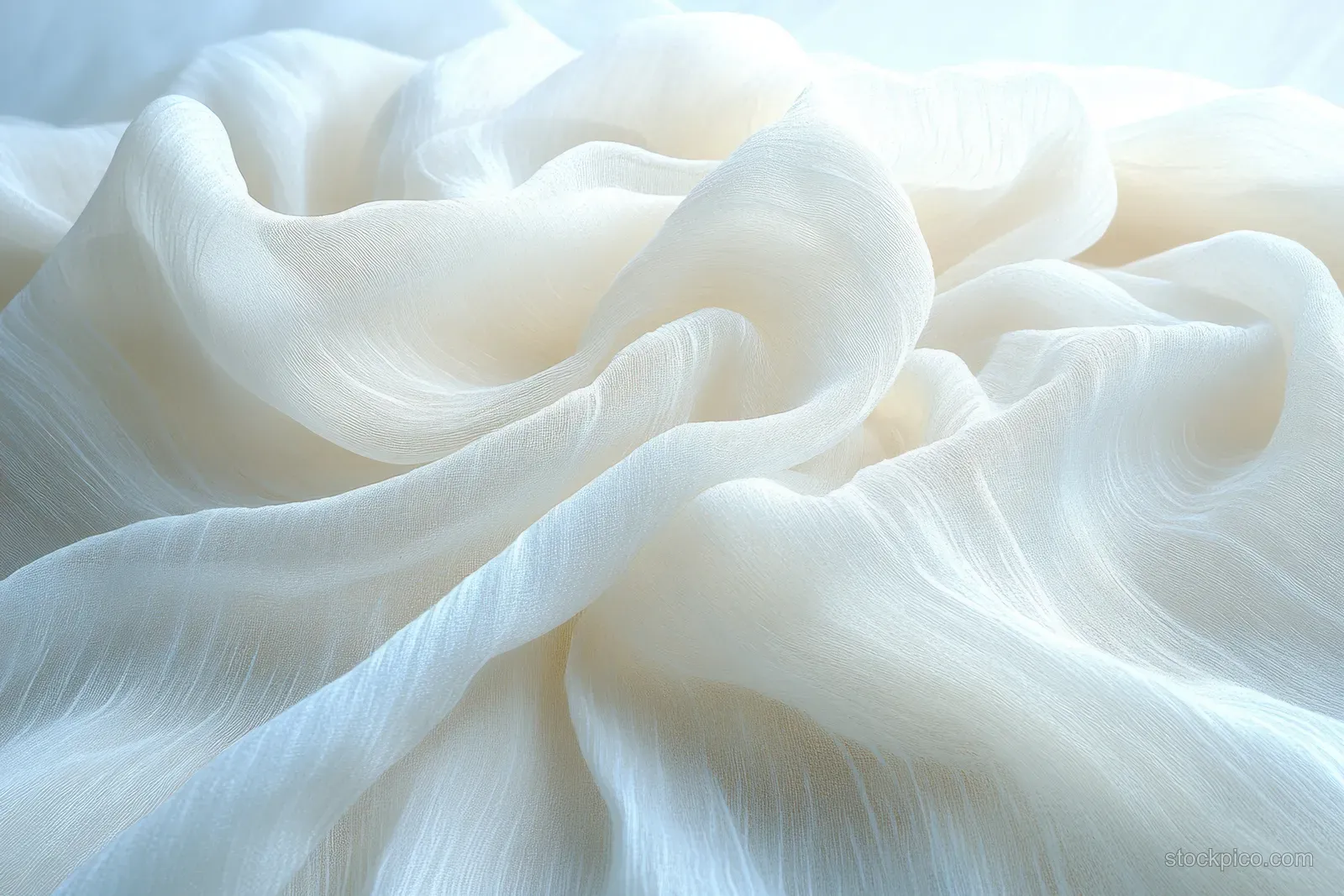 Crumpled white fabric fills the frame with soft light casting shadows over wrinkled folds.