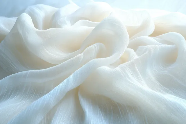 Crumpled white fabric fills the frame with soft light casting shadows over wrinkled folds.