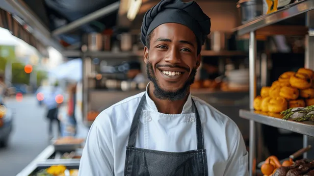 Smiling street food chef in white apron posing in front of food truck at market