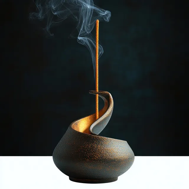 A burning incense stick rises from a rustic ceramic holder while thin smoke curls on a dark background.