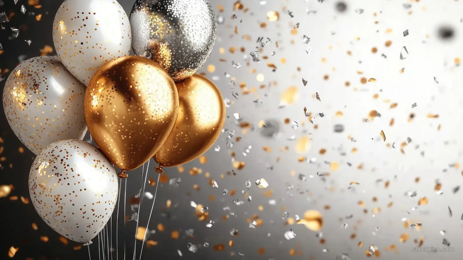Gold, silver, and white balloons rise while golden confetti scatters across a dark celebration background.