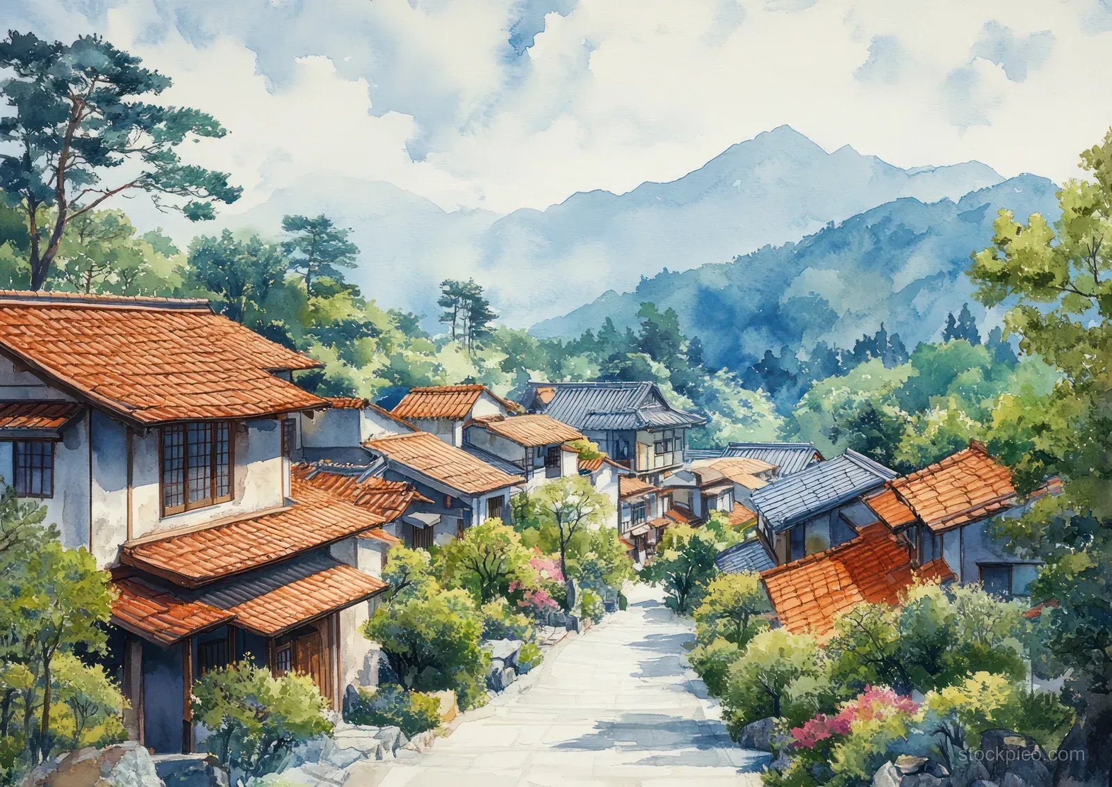 A spring village street with red tile roofs, blooming flowers, and misty green mountains in the background.