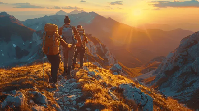 Two hikers supporting each other on a rocky mountain ridge as sunrise glows over distant valleys.