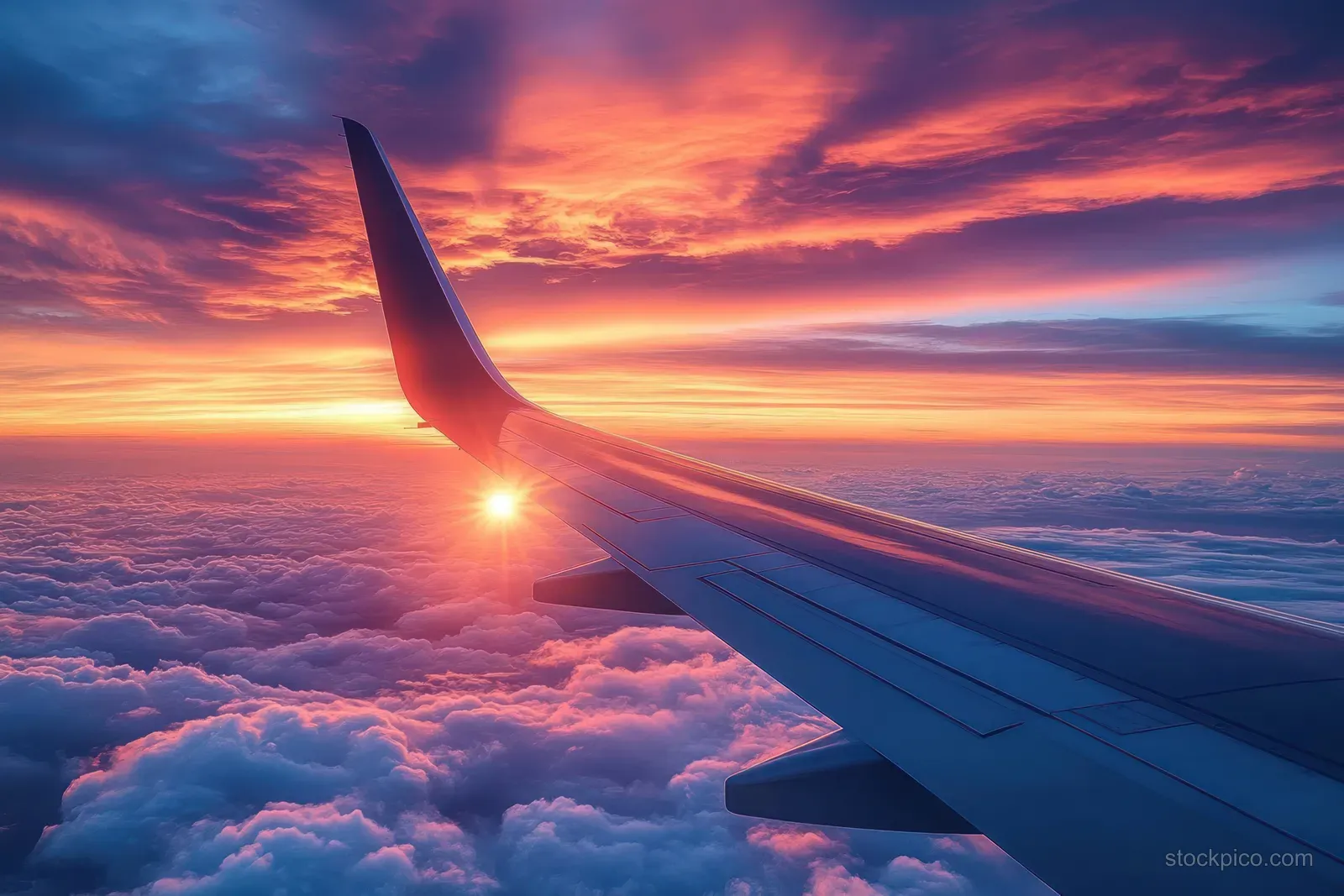 Airplane wing extends over glowing cloud layers during a colorful sunset with sun flare near the horizon.