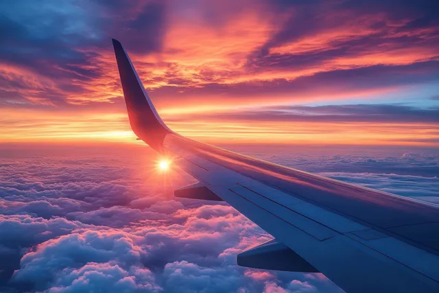 Airplane wing extends over glowing cloud layers during a colorful sunset with sun flare near the horizon.