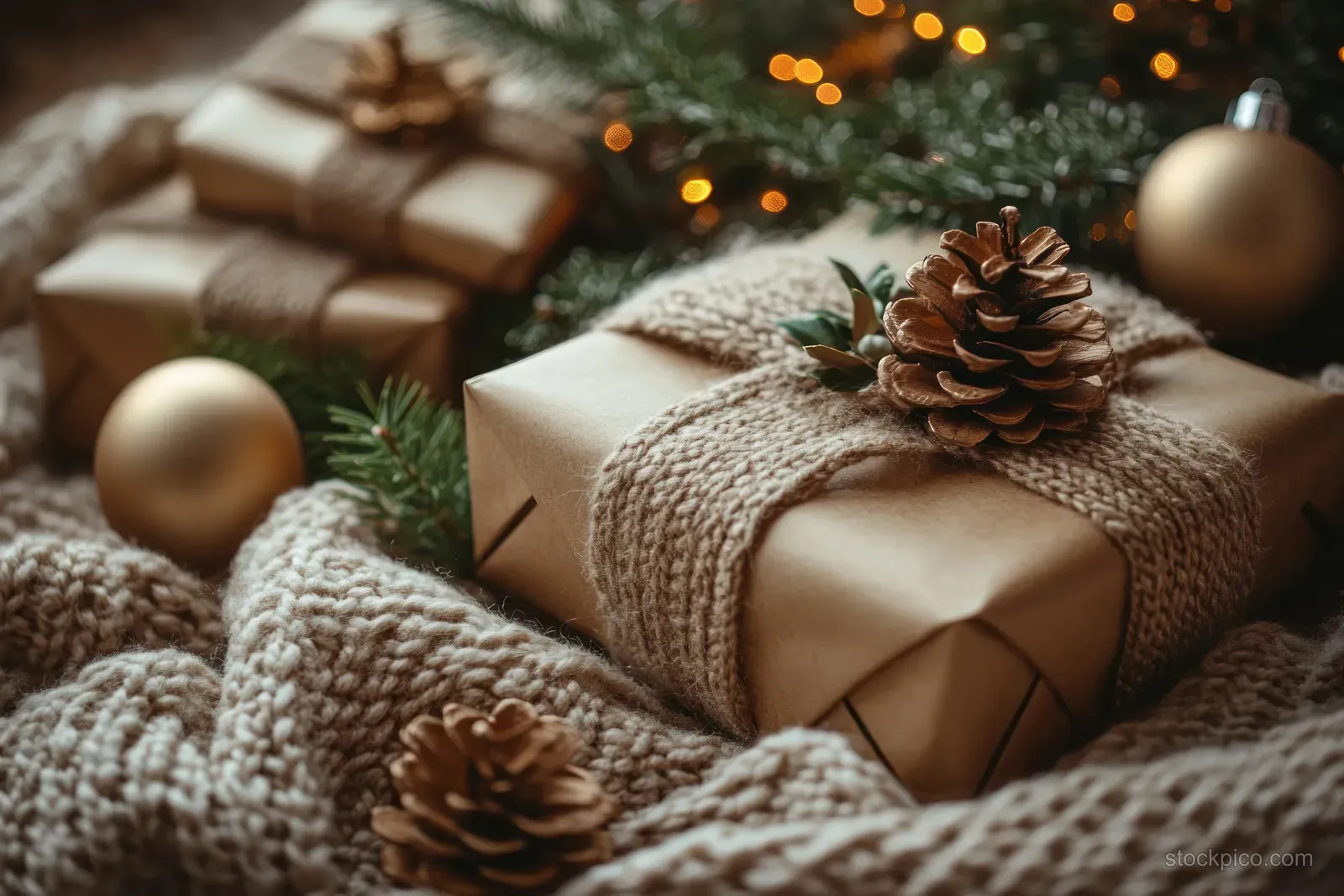Wrapped Christmas gifts and pinecones sit on a chunky knitted blanket under warm blurred ornaments.