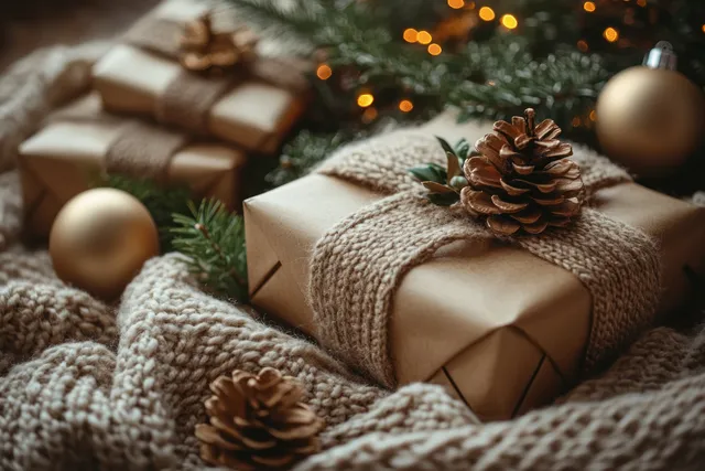 Wrapped Christmas gifts and pinecones sit on a chunky knitted blanket under warm blurred ornaments.