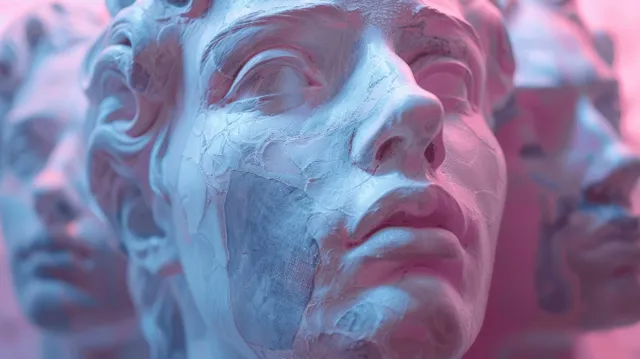 Neon pastel Renaissance busts with blue faces appear against a smooth pink-to-blue gradient background.