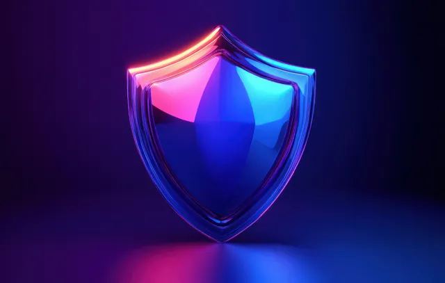 Glowing glossy neon shield icon in blue purple gradient, protection concept on dark background