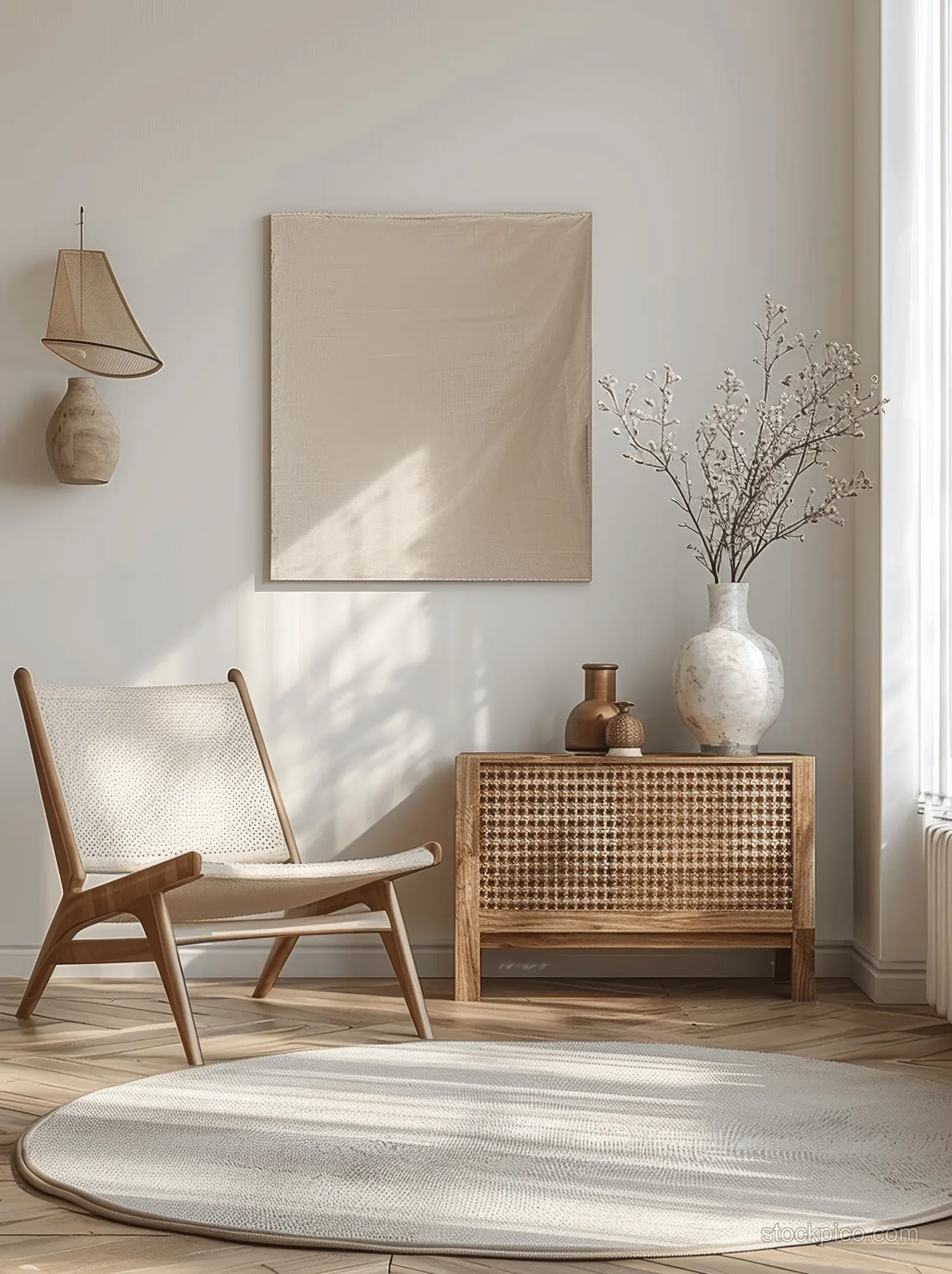 Minimalist living room corner with a wooden armchair, white striped rug, sideboard, and vase decor by a window.