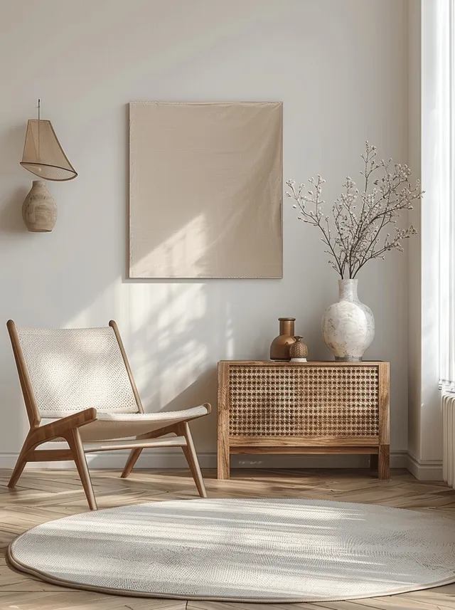 Minimalist living room corner with a wooden armchair, white striped rug, sideboard, and vase decor by a window.