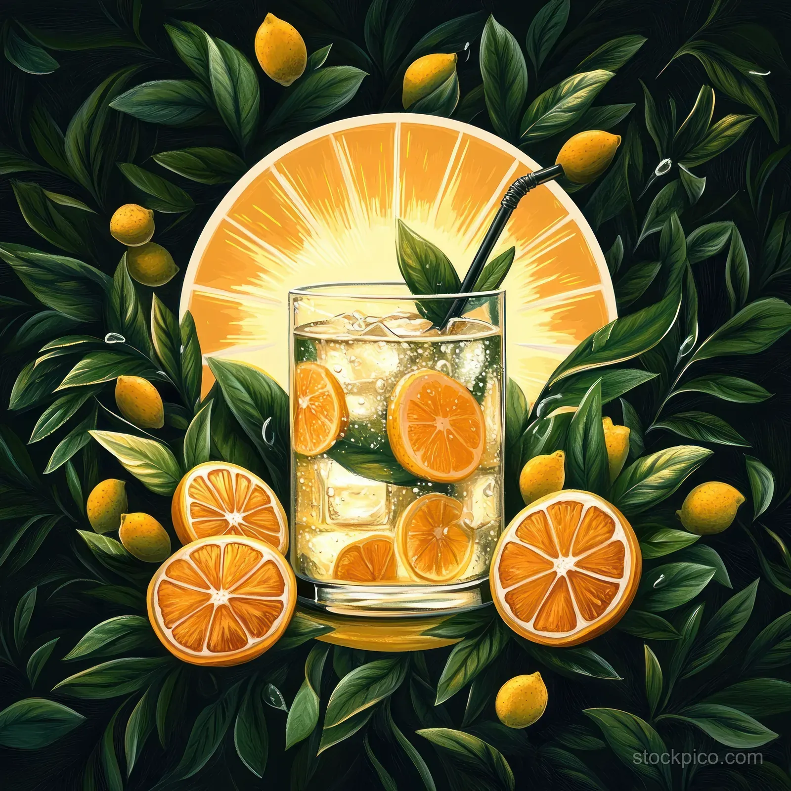 A glass of citrus drink with ice cubes, orange slices, and green leaves surrounding whole lemons.