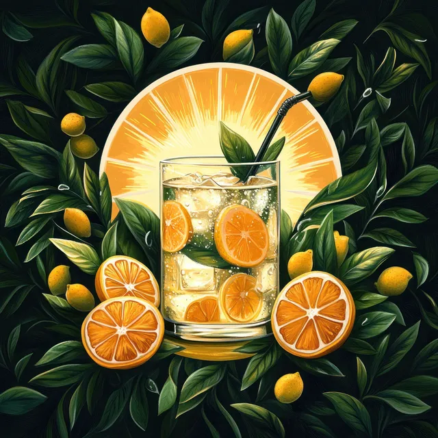 A glass of citrus drink with ice cubes, orange slices, and green leaves surrounding whole lemons.