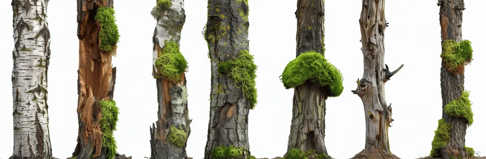 Several moss-covered tree trunks stand isolated on a white background.