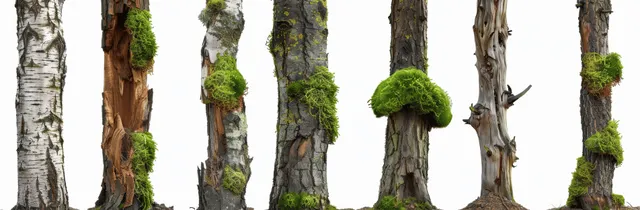 Moss-covered tree trunks isolated on white background in varied textures