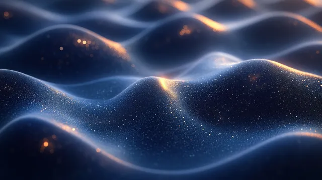 Deep blue abstract waves ripple with glowing light highlights and a dark luminous background.