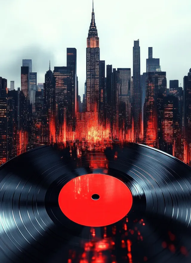 A spinning vinyl record with a red center sits before a neon nighttime skyline reflected on dark water.