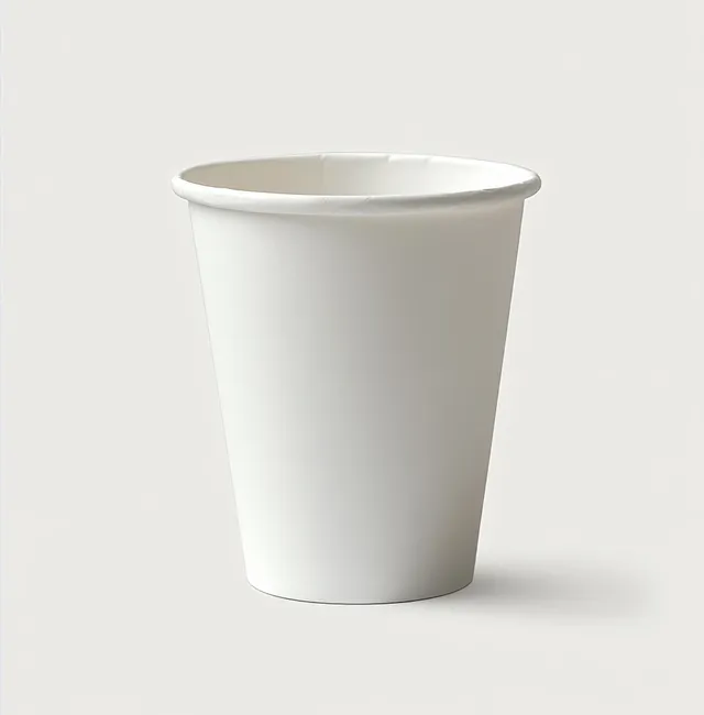 An empty white disposable paper cup stands upright on a neutral light background with a plain round rim.