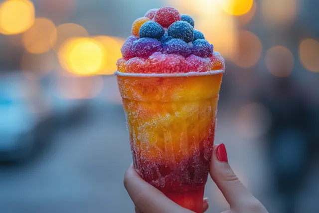 Colorful shaved ice cup with berries against blurred evening lights