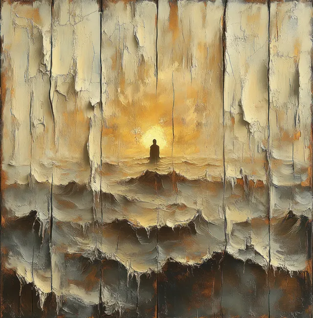 Meditating silhouette appears between textured wave layers and cliff-like walls with warm glowing light in the background.