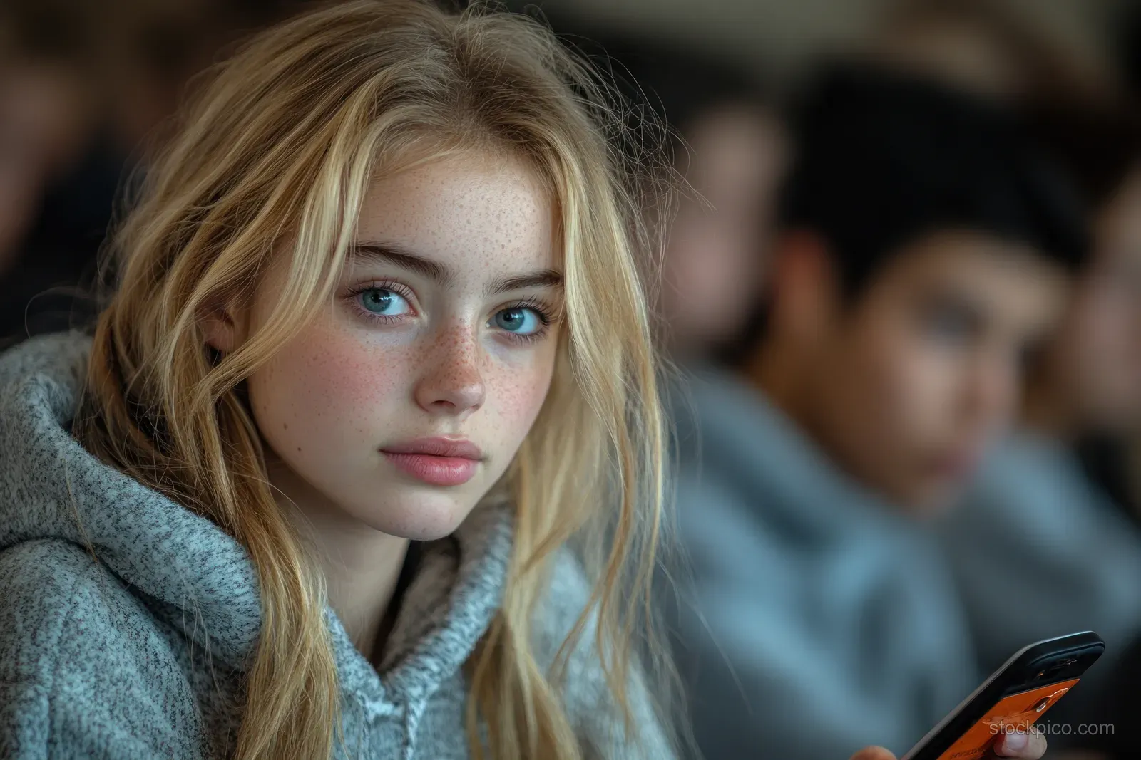 Students sit in a classroom during break, smiling and looking at smartphones with classmates blurred in the background.