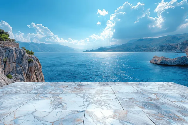 White marble tabletop overlooking bright blue sea and distant islands under sunlit clouds