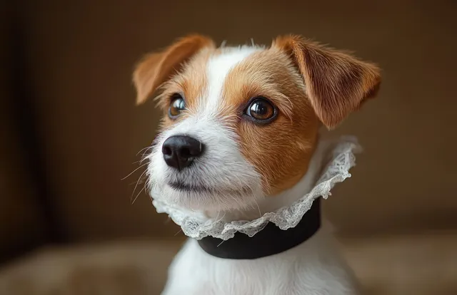 Small white dog with brown ears wearing black collar and lace accessory looks upward
