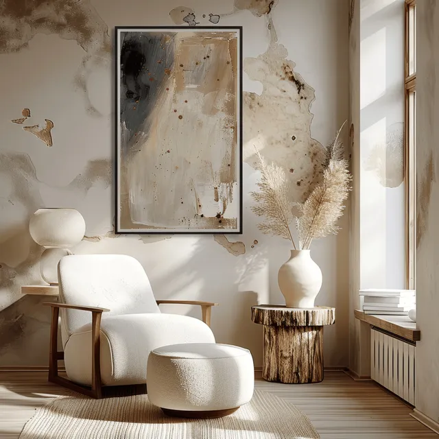 Minimalist boho living room with beige armchair, abstract framed wall art, wooden side table with Neutral Color Palette