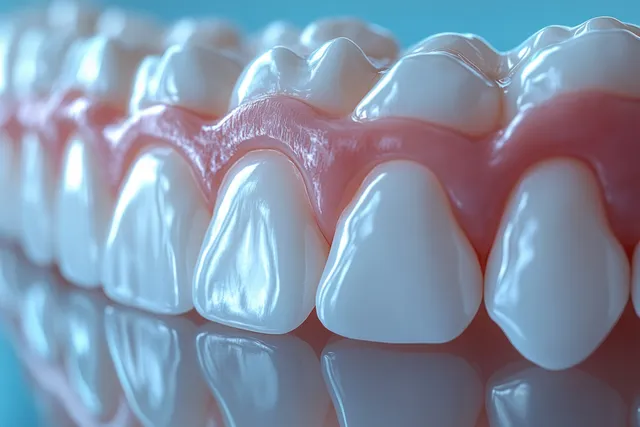 Close-up 3D teeth model showing inflamed gums and receding gum line around the crowns.