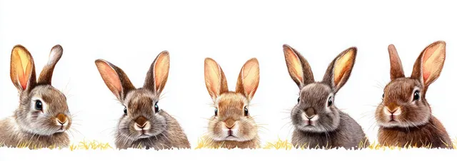 Five cartoon rabbits standing in a row with soft watercolor line details