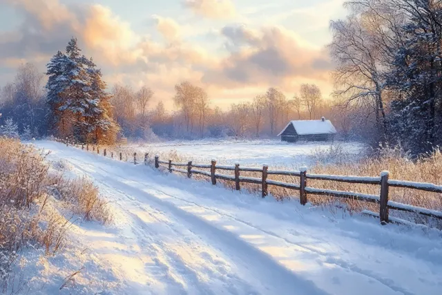 Snowy rural path beside a rustic wooden fence leading to a cottage in a sunrise winter landscape.