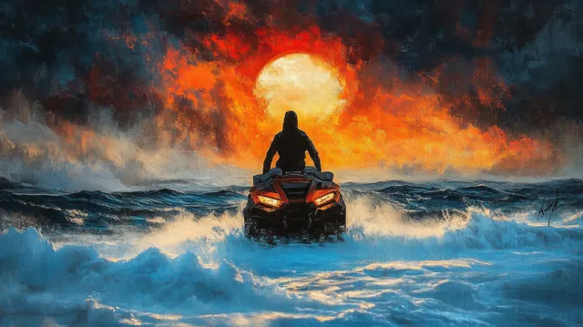 Silhouette rider on a jet ski cutting turbulent waves under a fiery sunset