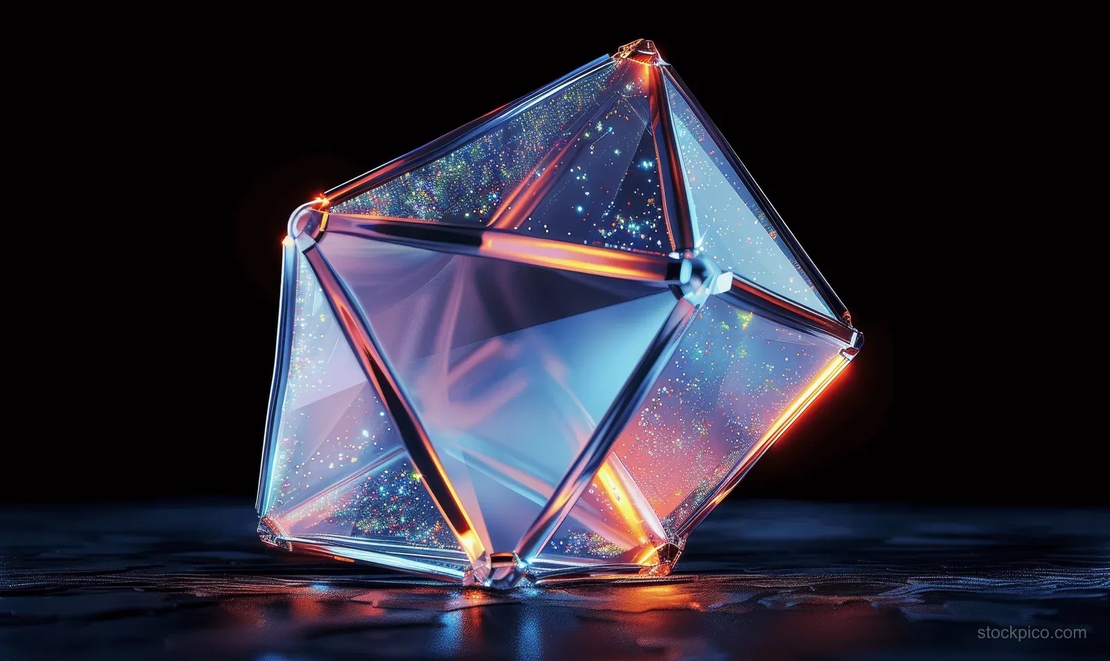 Iridescent holographic polyhedron with rainbow refracted edges floating above a dark glossy surface.