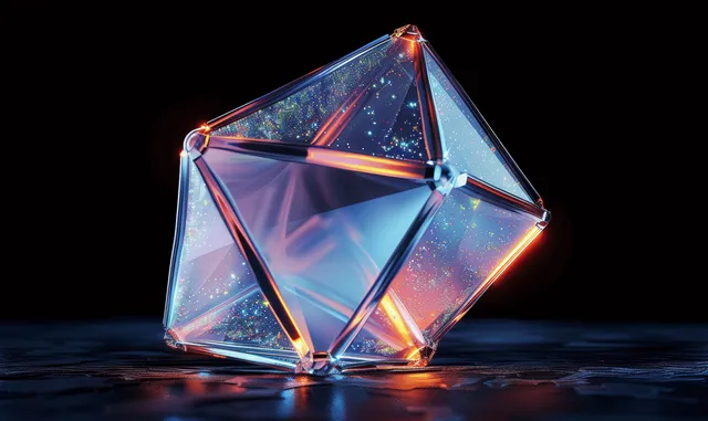 Iridescent holographic polyhedron hovering on black surface with refracted rainbow edges