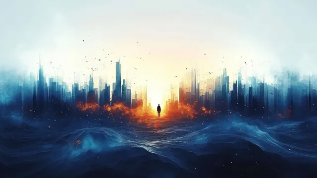 A lone silhouette stands between two abstract city skylines, lit by orange fire glow and cool blue mist.