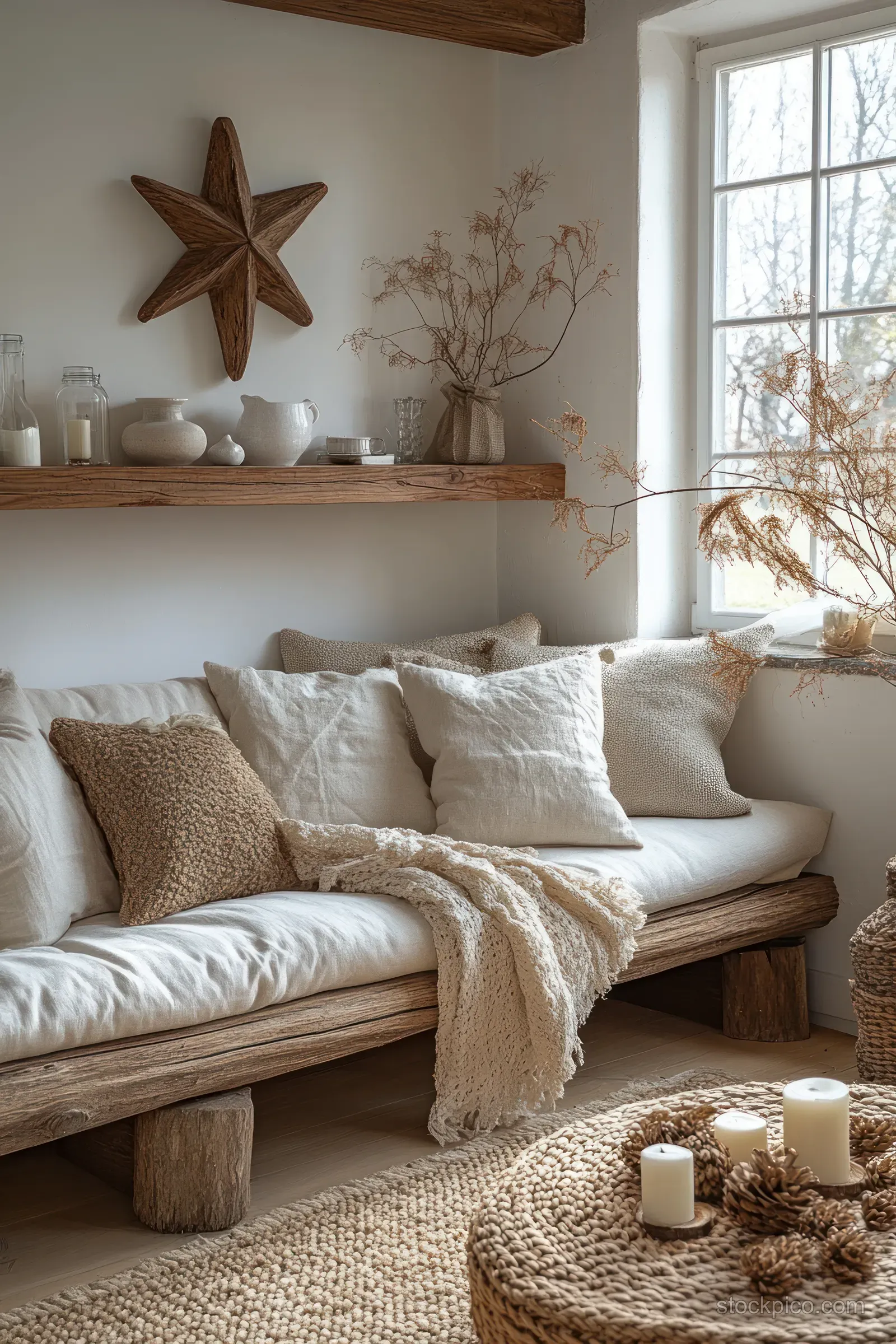 Minimalist living room with a wooden shelf holding a star ornament, warm lamps, and soft Christmas decor.