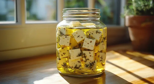 A glass jar of marinated white cheese cubes submerged in golden olive oil with herbs, lit by sunlight.