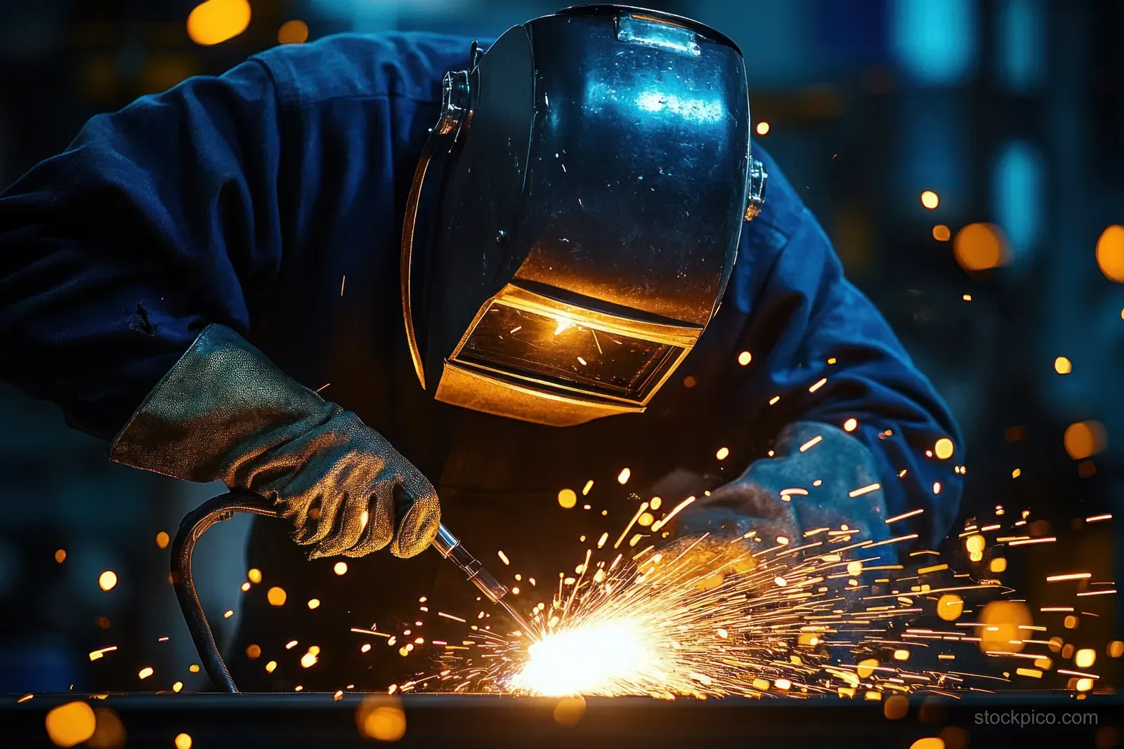 A welder in a dark helmet welds steel, producing bright sparks in a dim industrial workshop.