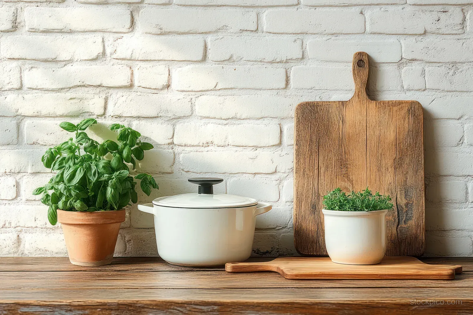 White saucepan and wooden cutting boards sit on a countertop with potted herbs beside a white brick wall.