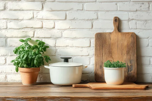 Minimalist kitchen countertop with herbs, white saucepan, and wooden cutting boards against brick wall